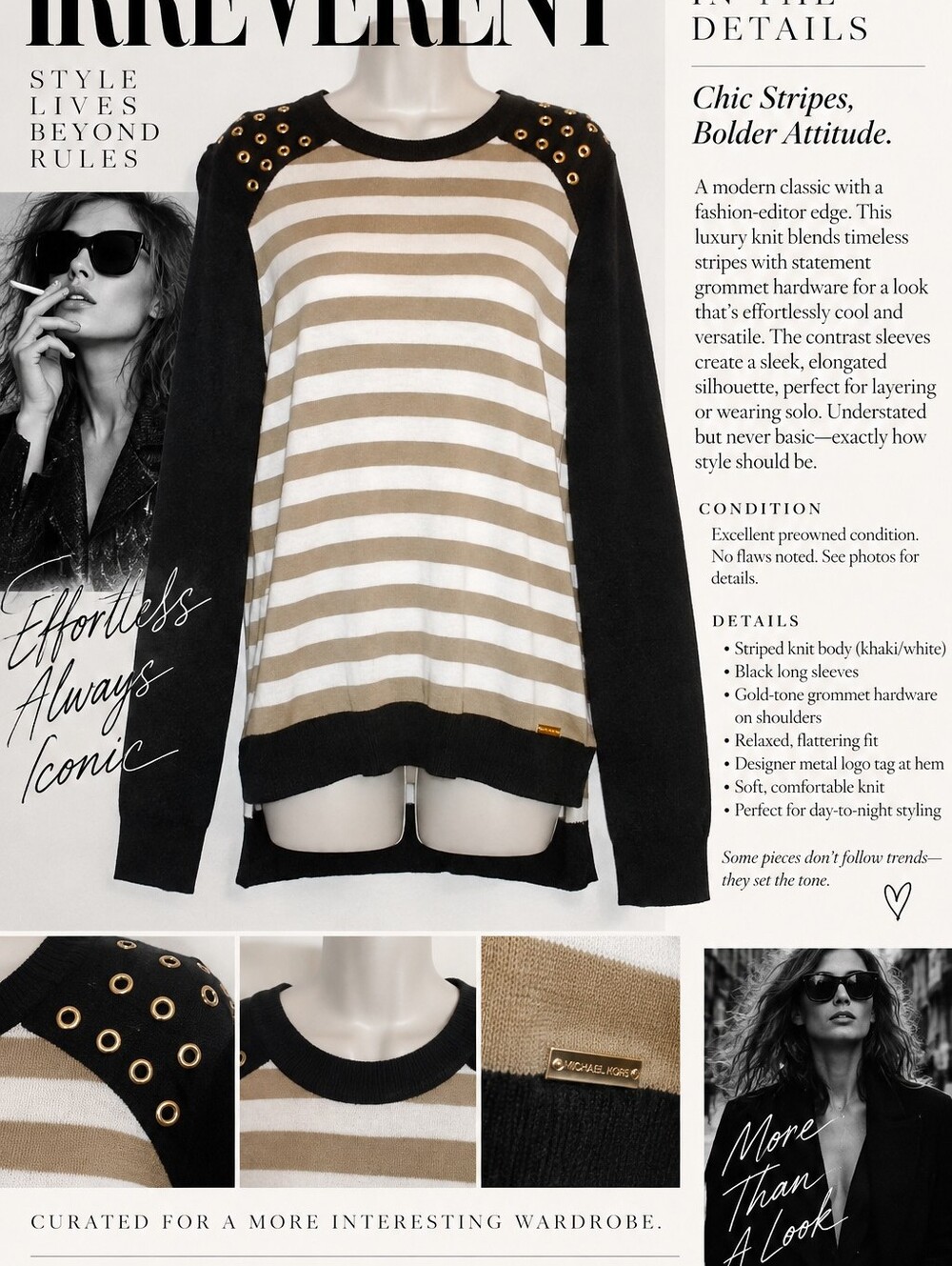 MICHAEL KORS GROMMET STRIPE KNIT SWEATER | BLACK • CAMEL • IVORY